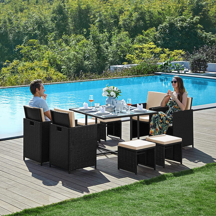 Set mobilier de gradina masa si scaune, 9 buc, negru si bej