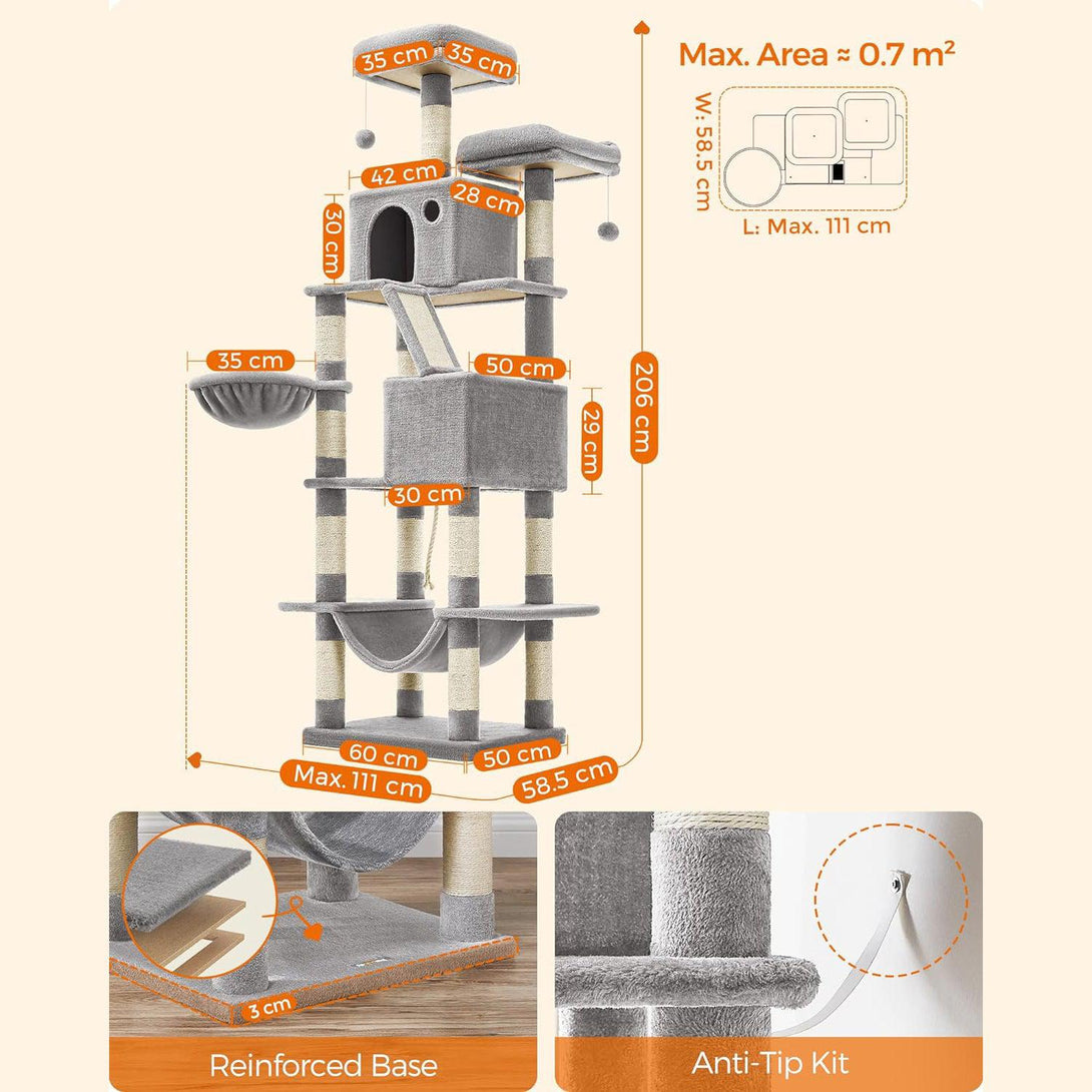 Stâlp mare de zgărierat pentru pisici, cu trepte, (206 cm)gri deschis | FEANDREA