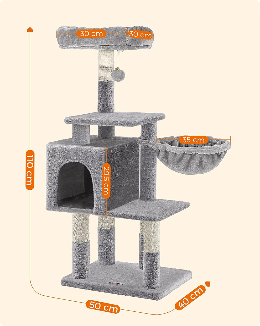 Stâlp pentru zgâriere, arbore de pisică pe mai multe niveluri 110 cm, gri deschis | PHAEANDREA