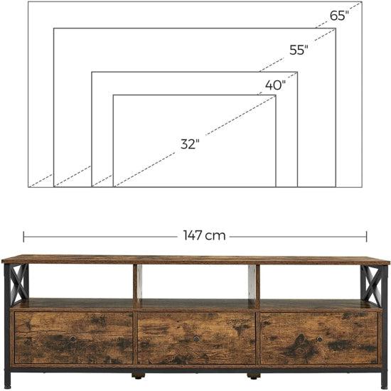 Suport TV cu 3 sertare și rafturi depozitare, 147 x 50 x 40 cm, rustic