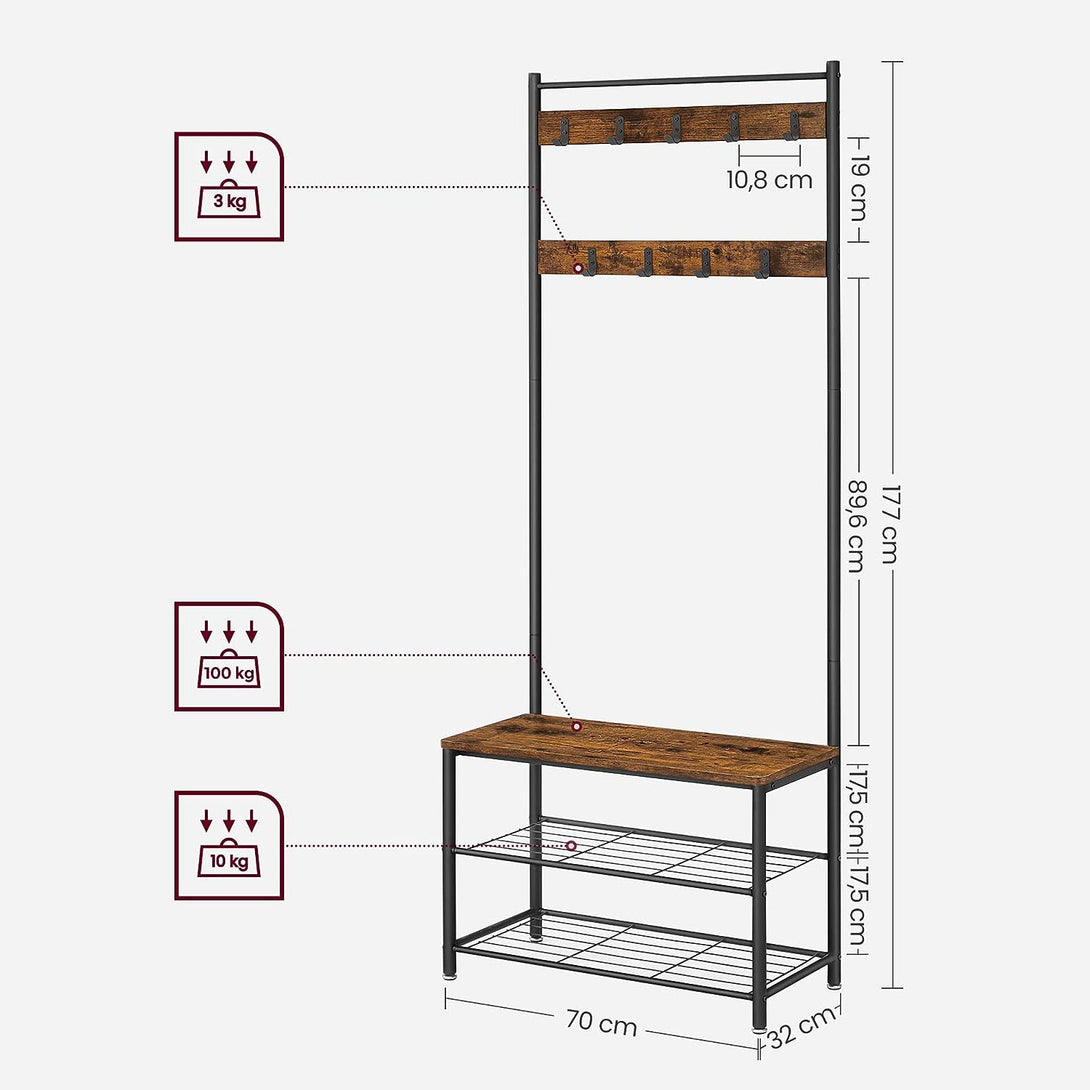 Suport haine cu depozitare pantofi 70 x 32 x 177 cm, Maro rustic