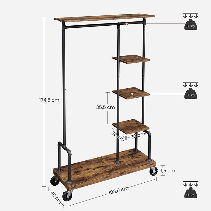 Suport haine rustic pe roti, 5 nivele, cu tevi metalice