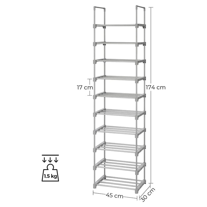 Suport pantofi cu 10 rafturi, 45 x 30 x 174 cm, gri