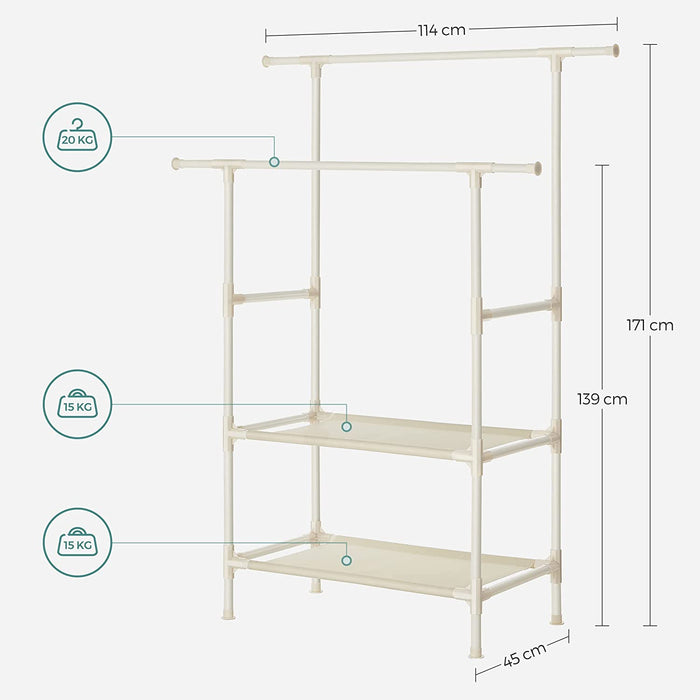 Suport pentru haine cu 2 rafturi de depozitare, 114 x 171 x 45 cm, alb