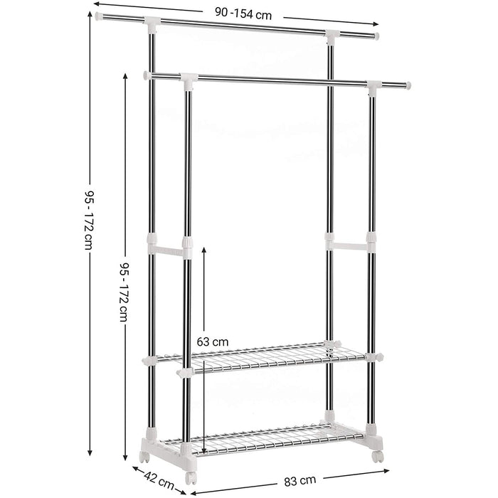 Suport pentru haine dublu cu raft pentru pantofi, capac din oțel inoxidabil, 154 x 42 x 172 cm