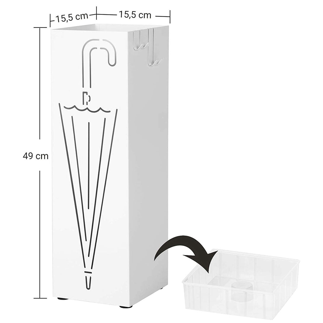 Suport pentru umbrele metalic, suport pentru umbrele, cu carlige si tava de picurare, alb