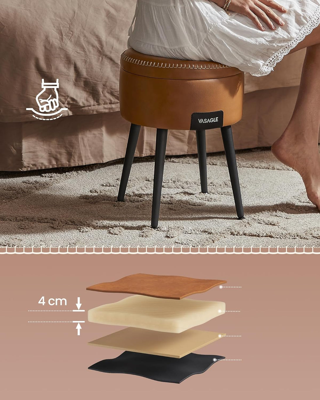 Taburet rotund , piele artificiala , maro-camel | Vasagle