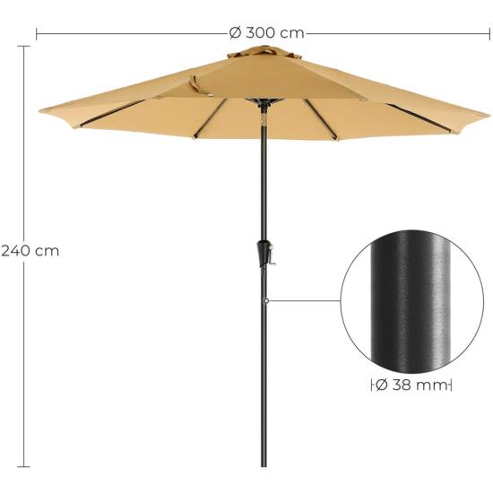 Umbrelă de soare, O 300 cm, umbrelă de grădină, protecție UV până la UPF 50+ (suportul nu este inclus)