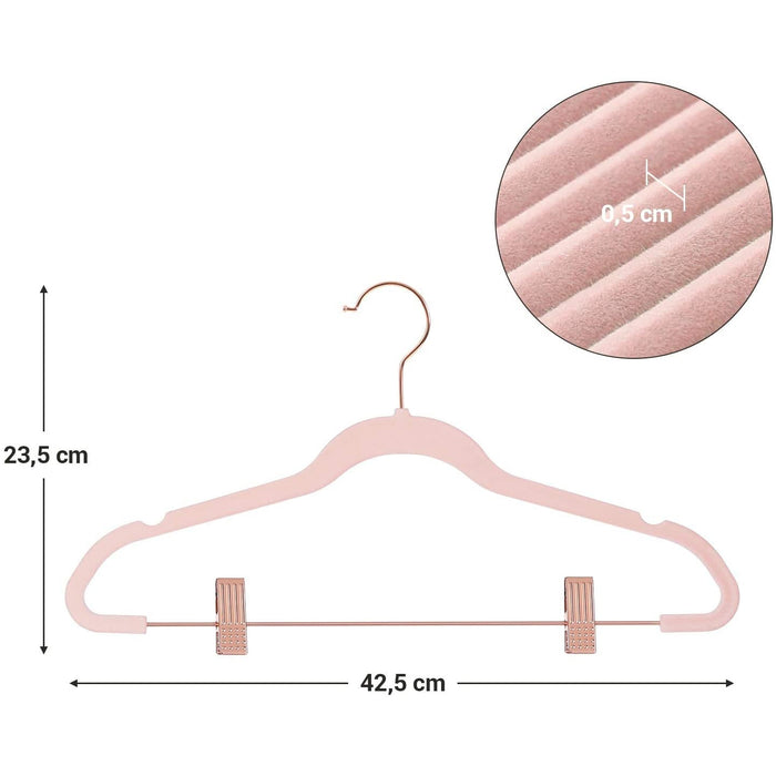 Umeraș catifea 24 piese 42,5 cm set de umerase pentru pantaloni cu cleme reglabile, Rosegold