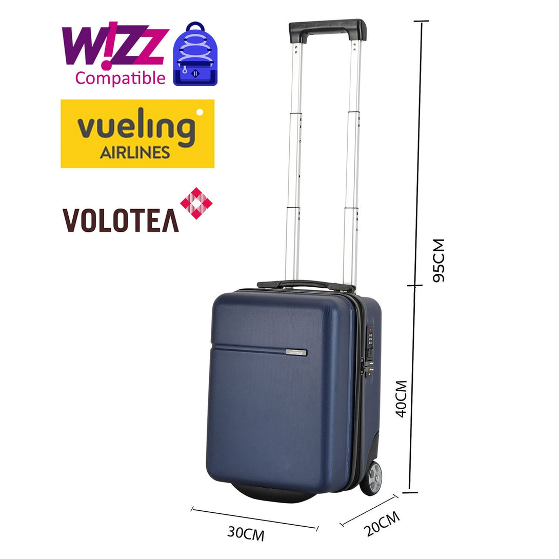 Valiza de cabină BONTOUR CabinOne culoare albastră (40x30x20 cm) poate fi transportată gratuit pe zborurile WIZZAIR