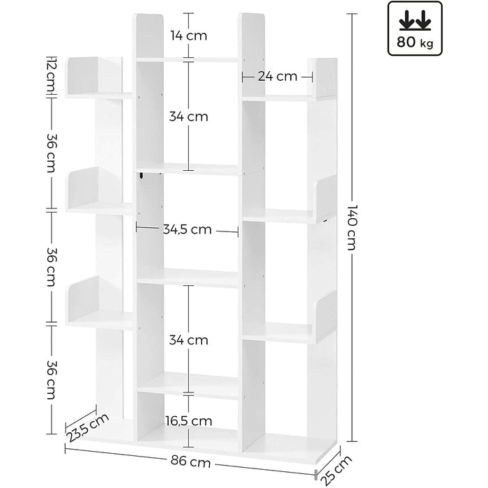 bibliotecă din lemn cu 13 compartimente, 86 x 140 x 25 cm alb