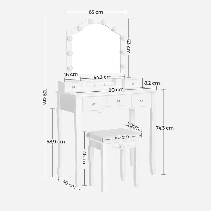 set masuta de toaleta, cu sezut captusit, 80 x 139 x 40 cm, alb