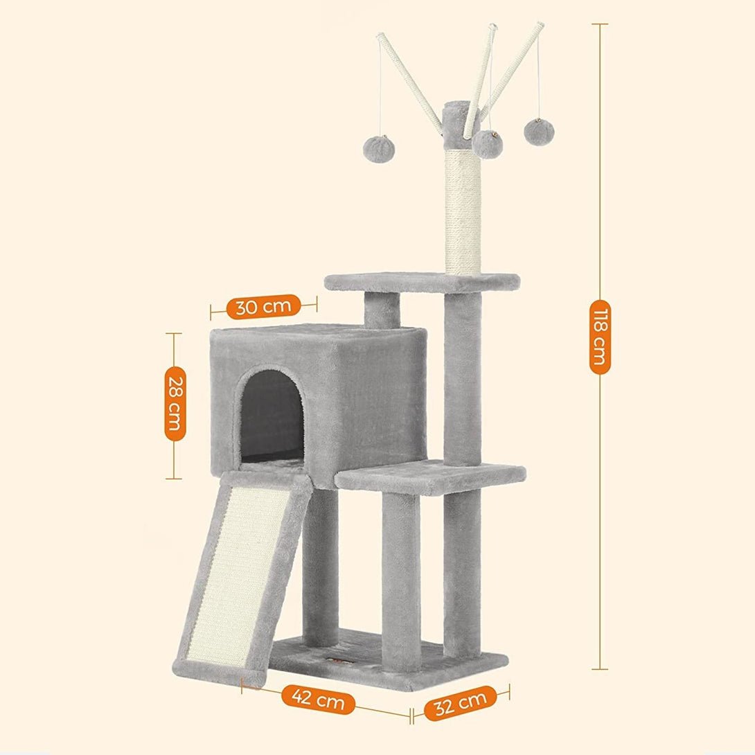 FEANDREA stâlp de zgâriat pisici mici cu zgârieturi 3 bastoane detașabile cu pompon 118 cm gri deschis
